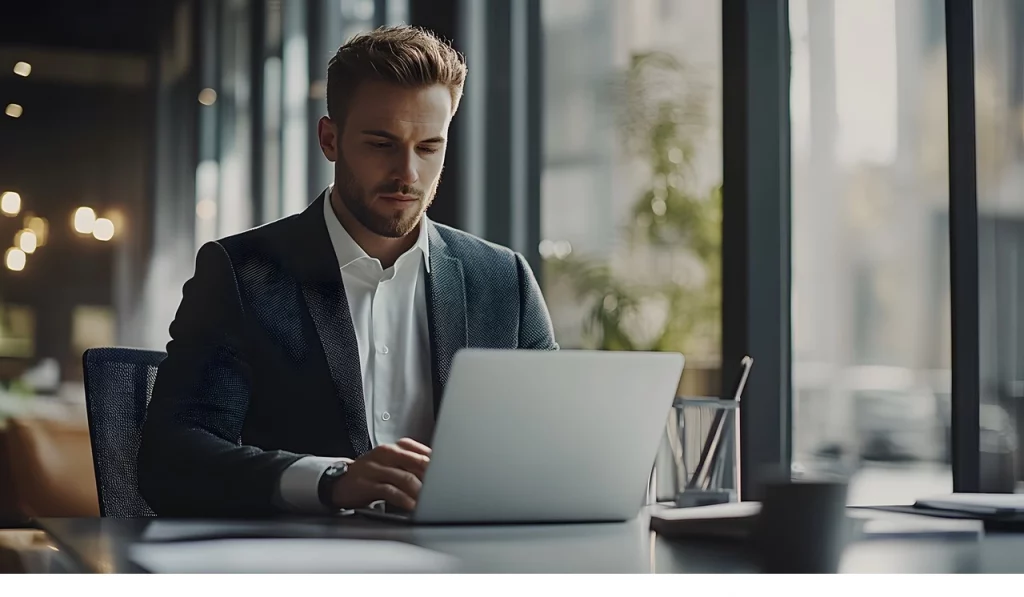 man working on laptop working out net yield and gross yield